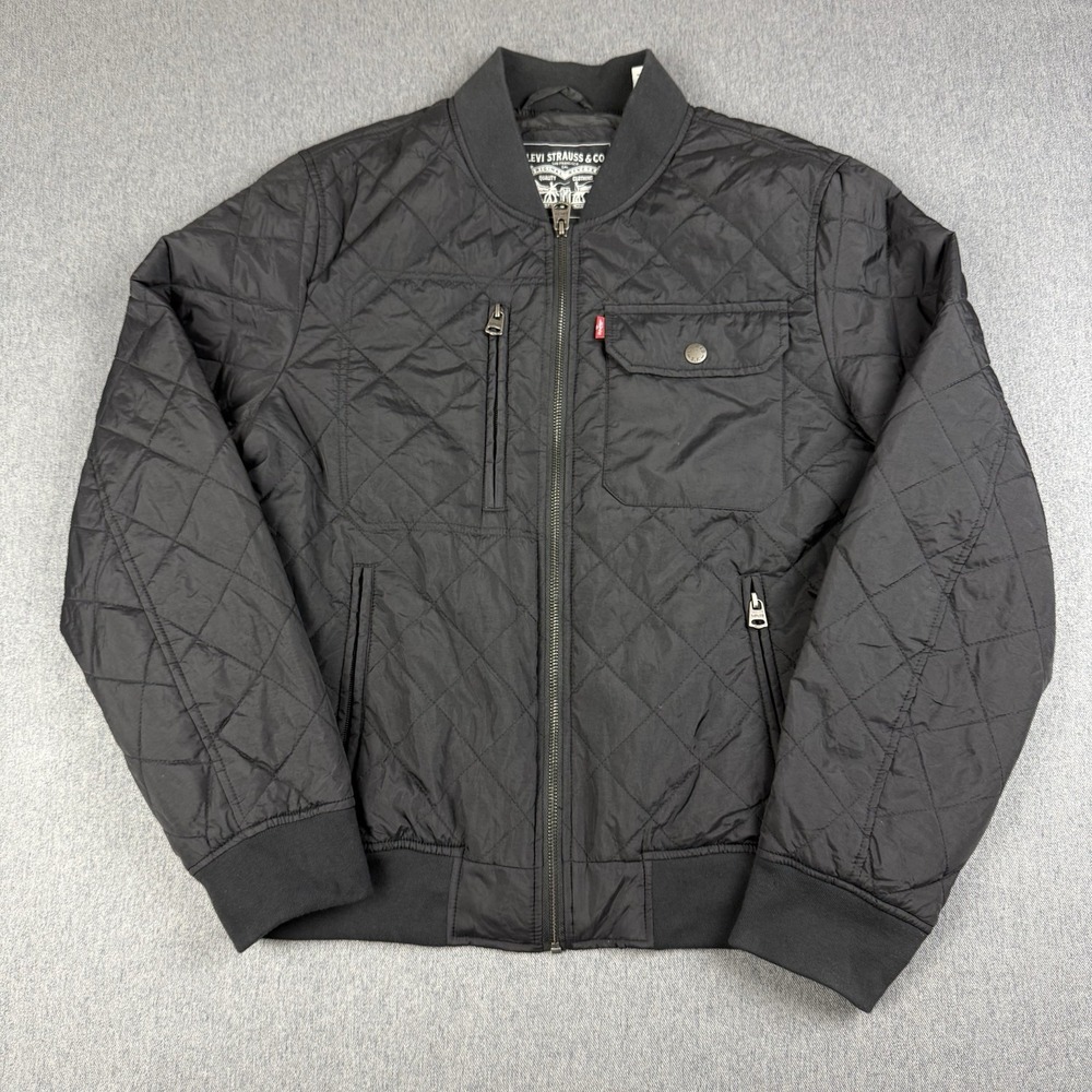 Levis Diamond Quilted Bomber Jacket Men Small Black Full Zip Pockets Lightweight